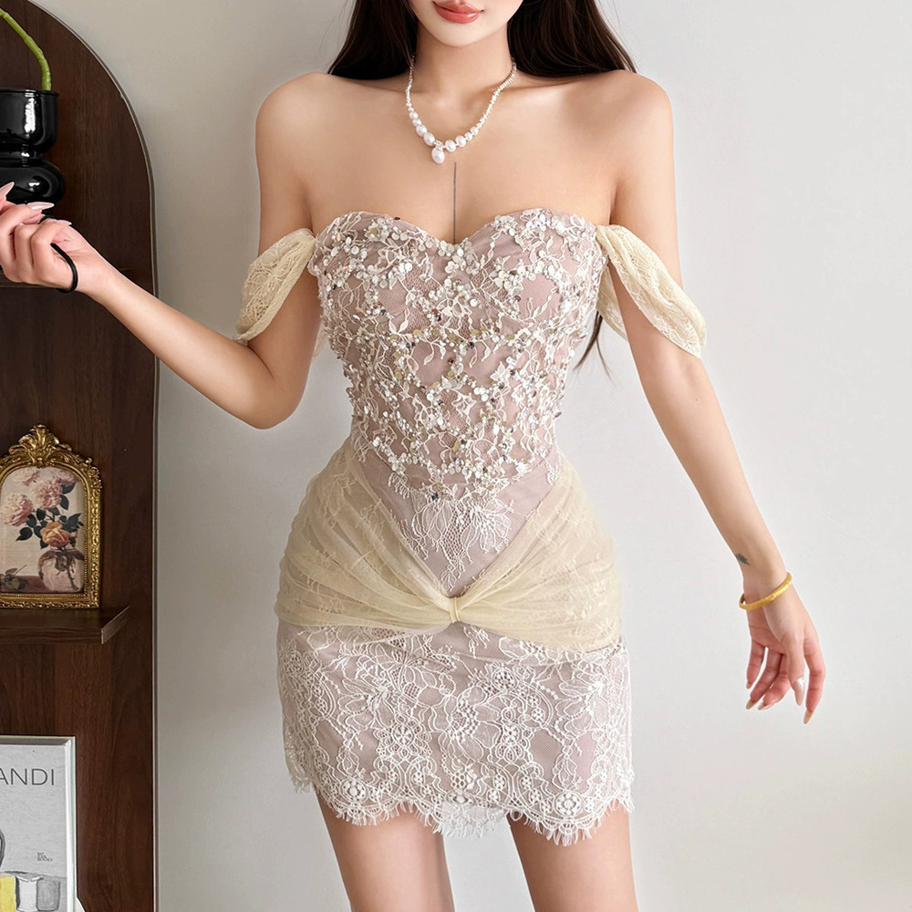 H&M Spring Sexy Strapless Sequin Lace Mesh Bodycon Dress
